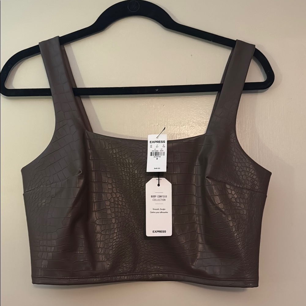 Express Brown Croc-Embossed Crop Top
